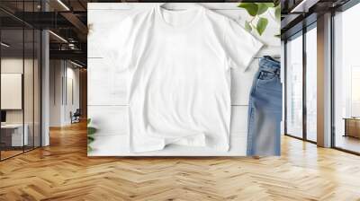 clean wrinkle free oversized white tshirt mockup on a white rustic board with a deco of plant, jeans and sunglasses. Wall mural