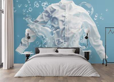 cleaning clothes washing machine or detergent liquid commercial advertisement style with floating shirt and dress underwater with bubbles and wet splashes laundry work as banner design with copy space Wall mural