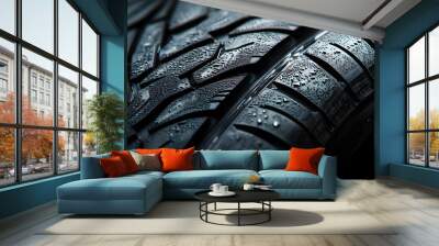 Close-up, tyre or tire thread for automobile industry, sales and mechanic. Car wheel, repair or service for vehicle safety and product purchase. Engineering and mechanical services for vehicle owner Wall mural