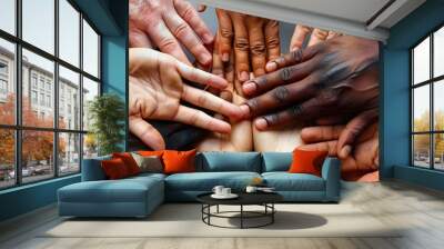 Close-up of a lot of hands of people of different races . The concept of friendship and internationalism Wall mural