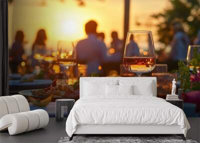 Close-up of a sunset dining setup outdoors, featuring glasses of wine and plates of gourmet food with people socializing in the background. Birthday, corporate party celebration. Wall mural