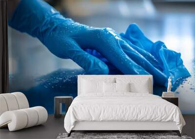 Closeup hand in blue rubber protective glove wiping and cleaning Wall mural