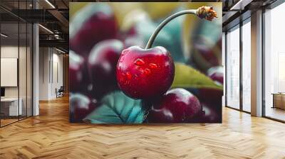 closeup photography cherry fruit showcasing its tiny red fruits and cute stem Wall mural