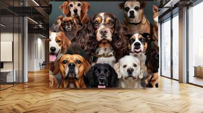 Collage of various dog breeds with different expressions and fur colors. Veterinary service advertisements emphasizing care for all breeds. Concept of animal theme, care, pet friend, vet, dog Wall mural