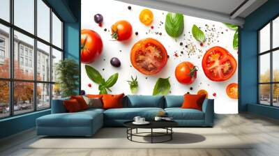 Collection of fresh organic tomatoes and basil herb leaves. mediterranean salad with basil herbs and tomato on a white table. PNG Food background design element with real transparent shadow on transpa Wall mural