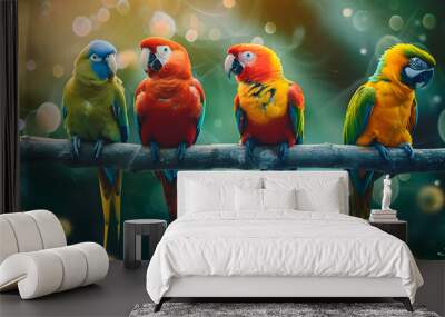 Colorful parrots on branch with viral particles, bokeh background. Wall mural