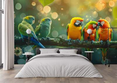 Colorful parrots on branch with viral particles, bokeh background. Wall mural