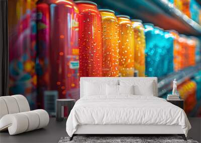 Colorful soda cans on supermarket shelf Wall mural