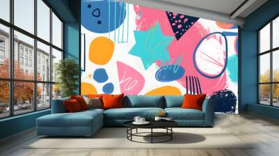 Colorful trendy abstract geometric shape set with modern doodles and bright paint texture. Collage drawing style shapes collection on isolated background. Wall mural