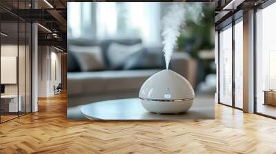 Commercial White Humidifier on Table: Blurred Living Room Background with Cozy Home Interior Wall mural