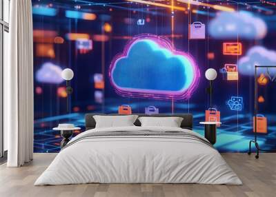 Conceptual representation of cloud computing cost efficiency with a cloud symbol, price tags, and pay-per-use icons in a modern digital design setting Wall mural