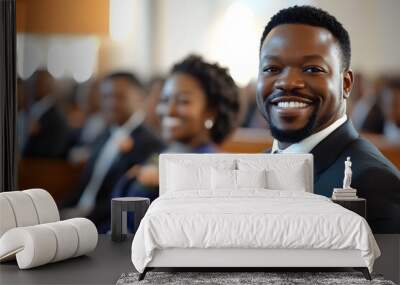 Confident Black Businessman Smiling in Stylish Suit at Diverse Church Service Gathering with Blurred Background of Seated Congregation Wall mural