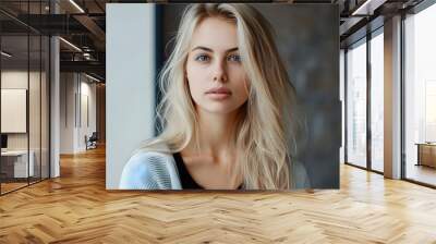 Confident good-looking beautiful woman with blonde dyed hair with healthy pure skin dressed in casual clothes looking seriously at camera. Youth and beauty concept Wall mural