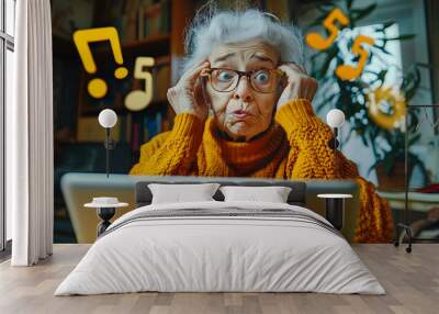 Confused elderly woman using laptop computer at home. Mature old lady has difficulties to use technology devices, understand information, internet banking platform, forget password Wall mural