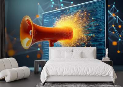 Contemporary conceptual image of a computer monitor with a bright orange megaphone and digital network symbolizing communication Wall mural