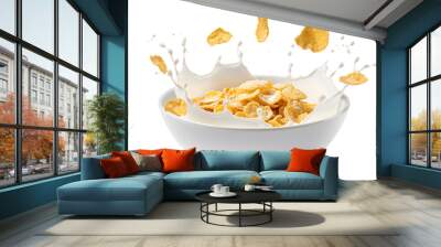 Corn flakes with milk splash in white bowl isolated on white background  Wall mural