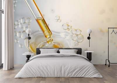 Cosmetic pipette with Cosmetic Essence oil Liquid drop with molecule on a Clean background, 3d rendering. Wall mural