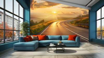 Country road and mountain in summer at sunset. Wall mural