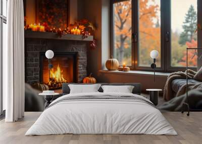 Cozy autumn interior with fireplace and seasonal decor Wall mural