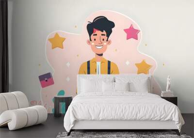 Customer satisfaction service concept. Businessman rate satisfaction by smiling face and 5-star satisfaction, on online application. satisfaction feedback review, good quality most. Wall mural