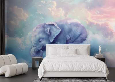 Cute baby elephant sleeping on clouds. Adorable elephant napping digital art illustration Wall mural