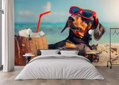 cute dog of dachshund, black and tan, buried in the sand at the beach sea on summer vacation holidays, wearing red sunglasses with coconut cocktail Wall mural