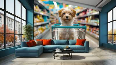 Cute funny dog in grocery store shopping in supermarket. puppy dog sitting in a shopping cart on blurred shop mall background. Concept for animal pets groceries,delivery,shopping background Wall mural