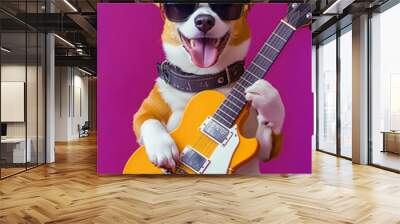 Cute funny musician dog with guitar on color background. Wall mural