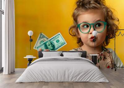 Cute kid girl holding dollars and have an idea how earning much money in crisis. Serious child teaching in eyeglasses. Vintage closeup portrait Wall mural