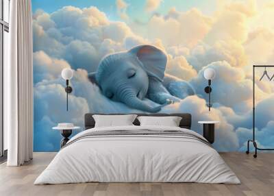 Cute little elephant sleeping on clouds Wall mural