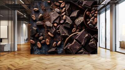 Dark chocolate pieces crushed and cocoa beans, culinary background, top view Wall mural