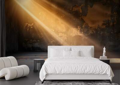 Dark empty wall with interesting golden sun glare. Background for the presentation. Wall mural