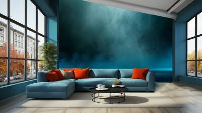 Dark street, asphalt abstract dark blue background, empty dark scene, neon light, spotlights The concrete floor and studio room with smoke float up the interior texture for display products Wall mural