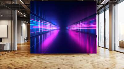 Data center background. Vector realistic illustration of abstract computer network, information storage equipment, crypto blockchain technology, ai system, neon blue and pink light on black background Wall mural