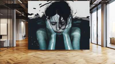 Depression teenager woman drowning in her regret, anxiety and stress. Mental health problem illustration Wall mural