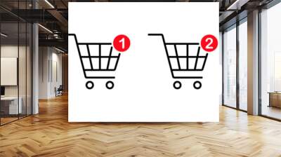 Shopping cart with one, two and three notification of added item icon set. Editable stroke. Vector illustration design. Wall mural