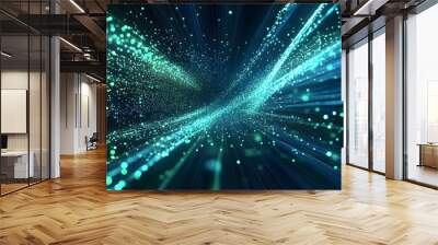 Digital technology speed connect blue green background, cyber nano information, innovation future tech data, internet network connection, Ai big data, line dot illustration 3d. Generative Ai Wall mural