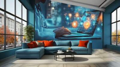 Doctor using laptop, glowing medical icons Wall mural