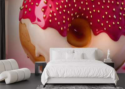 Donuts decorated icing and sprinkles on pink background. Sweet glazed fat pastry on pastel backdrop. Generative AI Wall mural