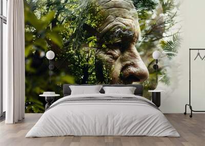 Double exposure combines face and forest. The concept of the unity of nature and man. The vitality of the human soul in nature illustration. Illustration for cover, card, interior design, poster, etc Wall mural