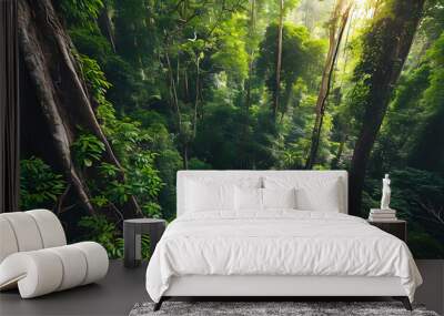 Earth Day eco concept with tropical forest background, natural forestation preservation scene with canopy tree in the wild, concept on sustainability and environmental renewable Wall mural