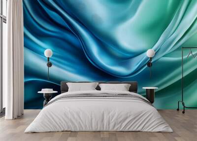 Elegant blue green background. Silk satin with soft wavy folds. Banner. Wall mural