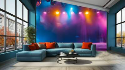 Empty dance floor on club stage under colorful spotlights and disco balls, emitting retro vibe, inviting electrifying dance show or concert, blending classic theatre ambiance with modern entertainment Wall mural