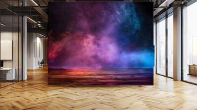 empty wooden table with colorful smoke float up on dark background Wall mural