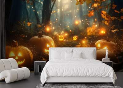 enchanted forest fantasy glowing pumpkins and magical creatures in warm mystical light Wall mural