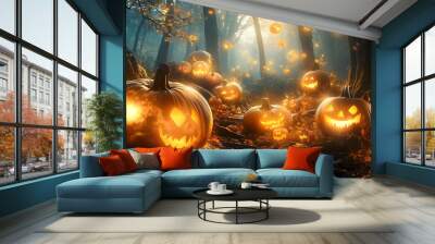 enchanted forest fantasy glowing pumpkins and magical creatures in warm mystical light Wall mural