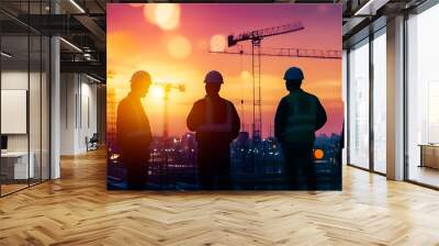 Engineer and construction team silhouettes working at site over blurred background with light fair. Together, we created this image using multiple reference images. Wall mural