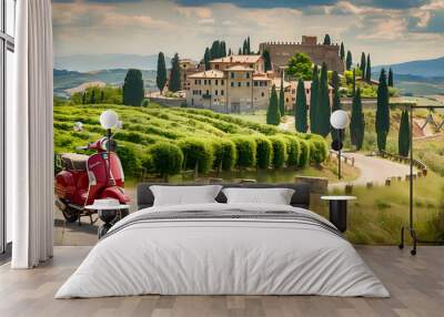 Exploring the Heart of Italy: Traverse Serene Villages on a Vintage Vespa, Soaking in the Vibrant Summer Background,  Wall mural