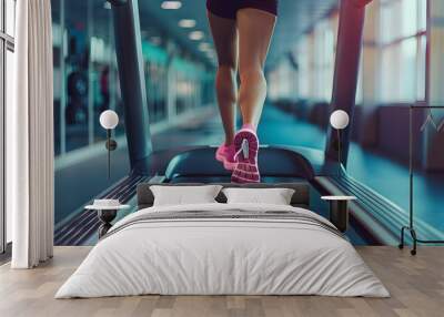 Female athlete starts exercising on the treadmill in the fitness center. with determination On a happy and healthy lifestyle Sporty running concept Wall mural