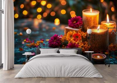 Festive gift boxes and glowing candles create a joyful atmosphere, celebrating Diwali with colorful flowers and twinkling lights, symbolizing the festival of lights. Wall mural